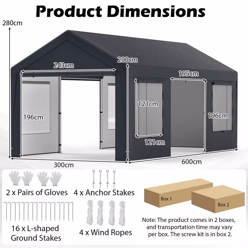 Gymax Grey Car Shelter Garage Canopy Tent with 8 Removable Sidewalls, W: 600 cm, D: 300 cm, H: 280 cm – 3