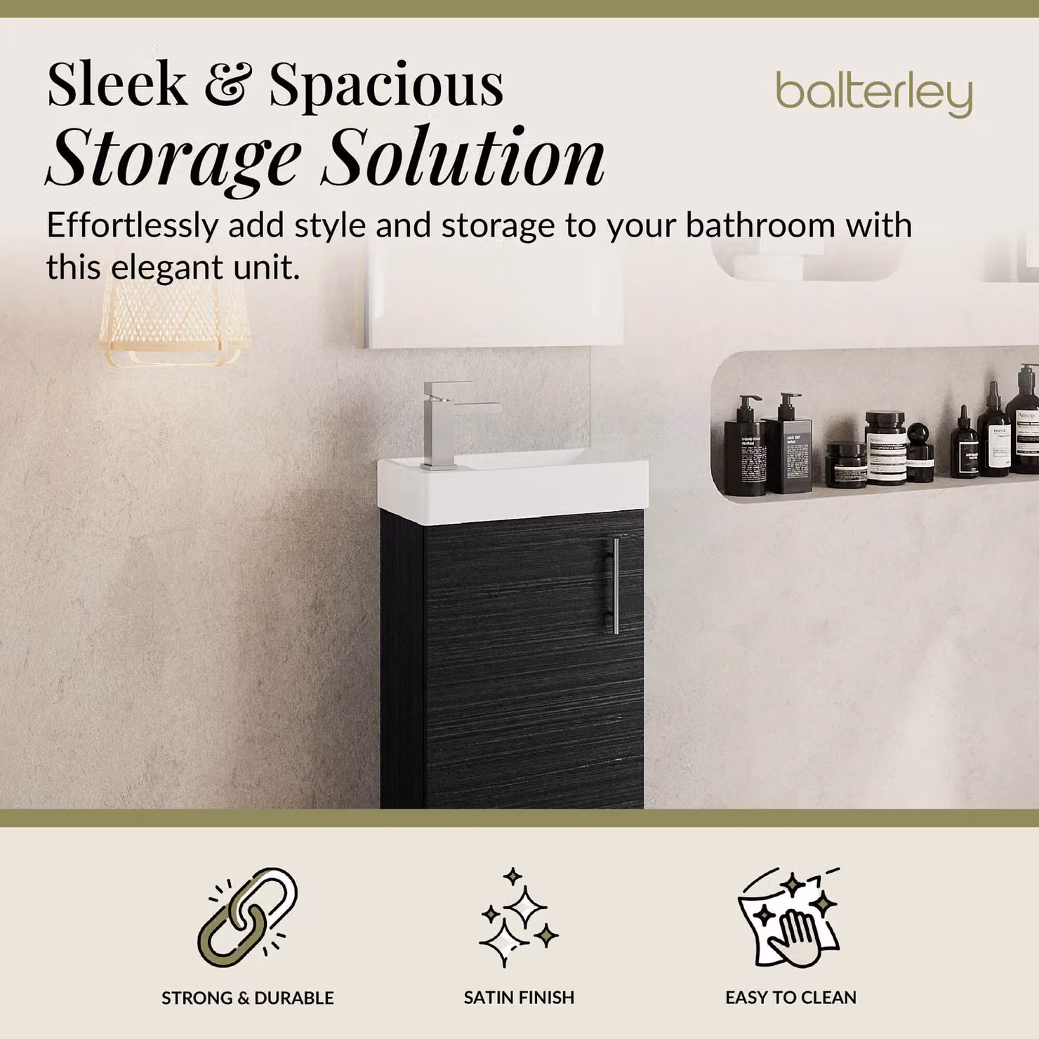 Balterley Saint Contemporary Floor Standing Bathroom Vanity Unit with Rectangular Basin and Soft-Close Door, Charcoal Black, W: 40.5 cm, H: 86.1 cm, D: 40.5 cm – 2