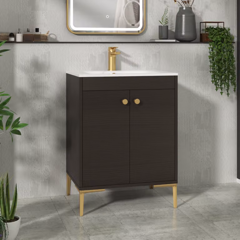 Royal Bathrooms Verona 600mm Walnut Woodgrain Floor Standing 2 Door Vanity Unit with Carrara White Basin and Brushed Brass Knob