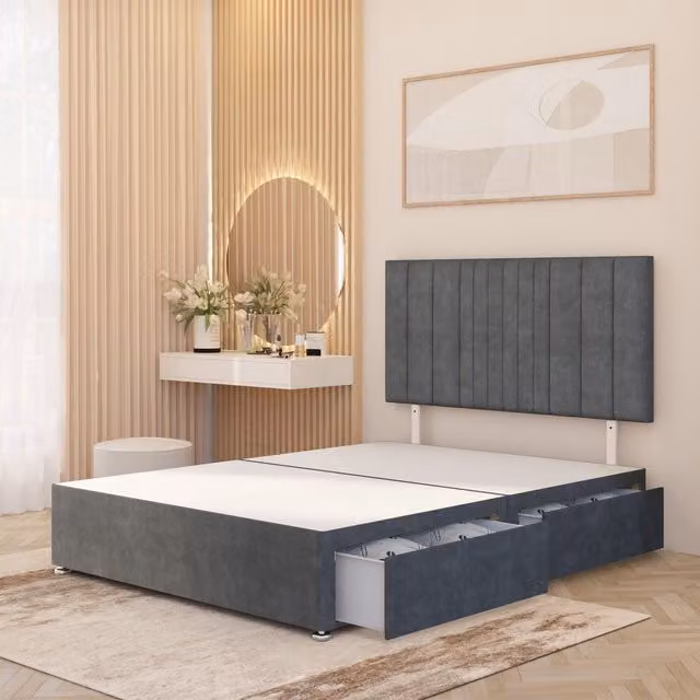 Somnior Beds Ltd Arizona Plush Velvet Divan Bed Base with Drawers and Headboard, Silver/Grey, W/D/H: 90 x 190 cm