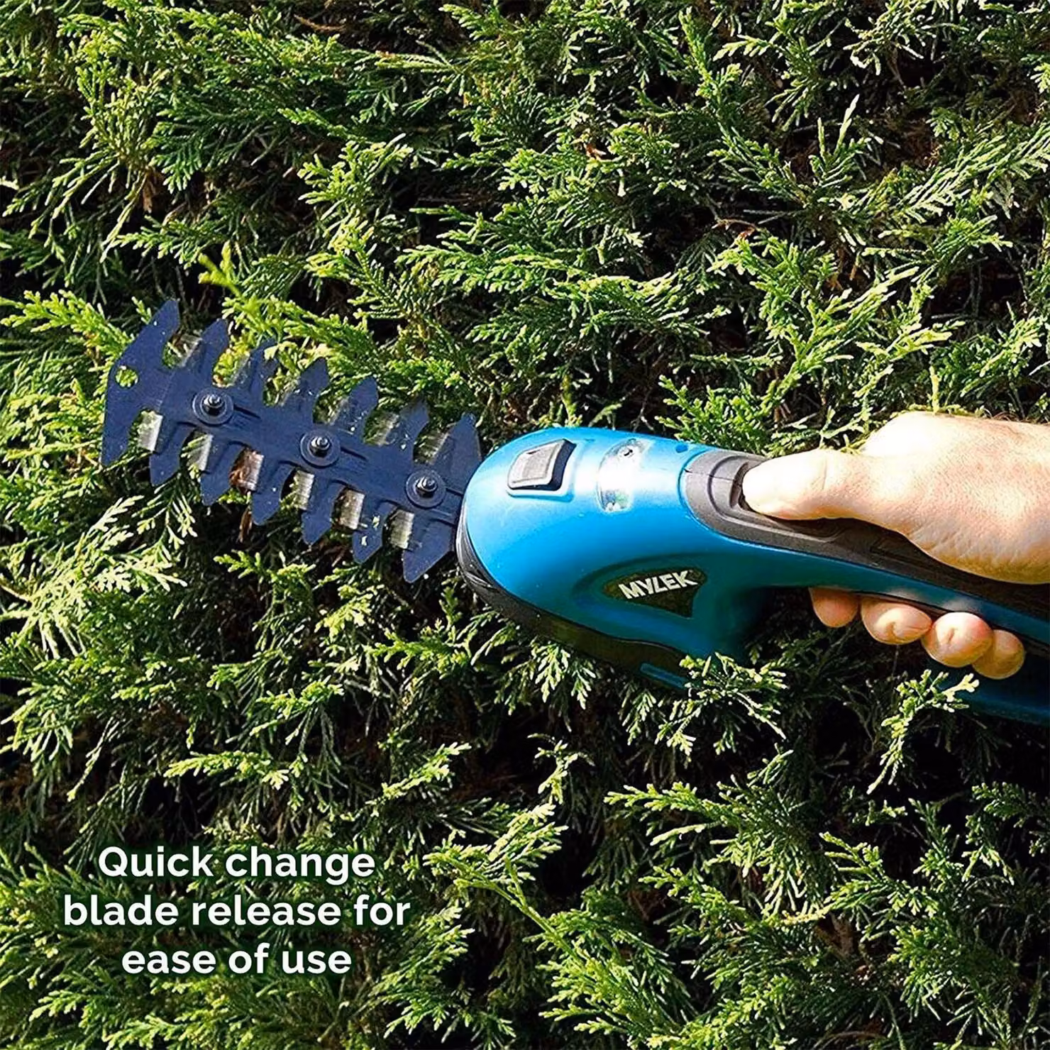 MYLEK Handheld Cordless Hedge Trimmer and Grass Shears with 2 Blades and Guards, Blue – 2
