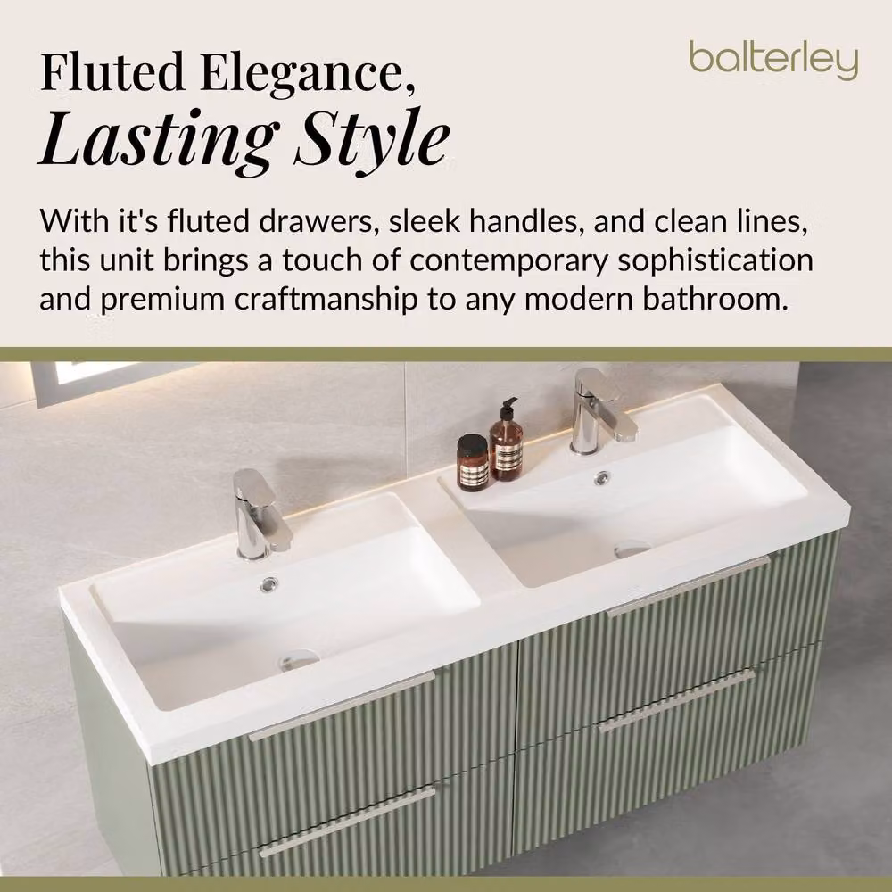 Balterley Fluted Wall Hung 4 Drawer Vanity Basin Unit and Basin, Satin Green, Width: 120 cm – 2