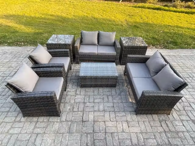 Fimous 7 Piece Outdoor Rattan Garden Furniture Set in Dark Grey with Upholstered Cushions, 2 Seater Sofa, Armchairs and Coffee Table