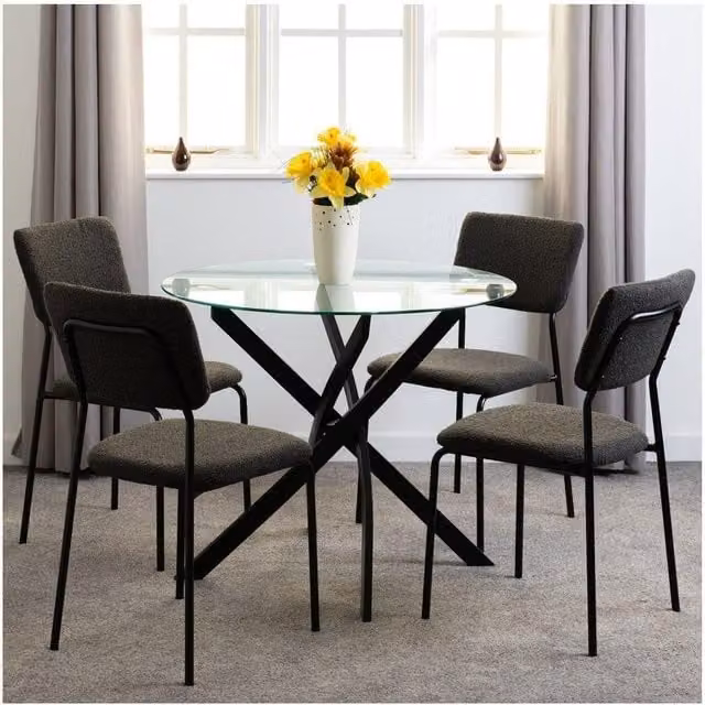 Seconique Sheldon Round Glass Top Dining Set with X-Frame Chairs in Grey, Orange or Pink