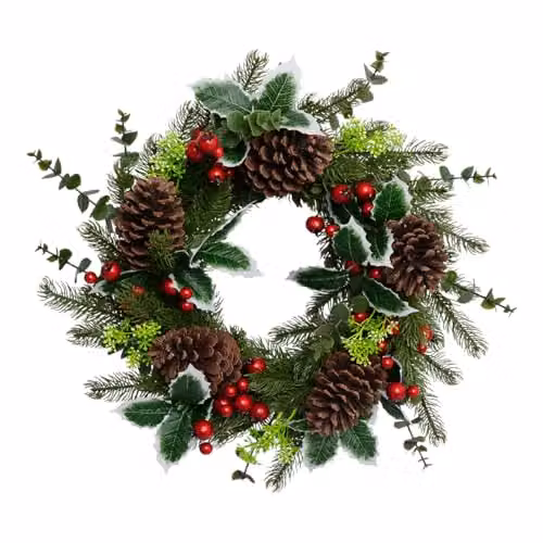 The Christmas Workshop Round Artificial Christmas Wreath with Red Baubles, Holly, Eucalyptus and Snowberries, Diameter: 45 cm