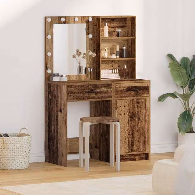 Berkfield Home 2 Piece Hollywood LED Dressing Table Set in Brown Rustic Wood Finish