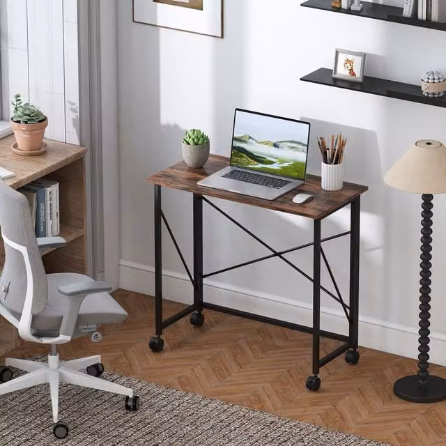 HOMCOM Brown Folding Writing Desk with Castors for Home Office – 1