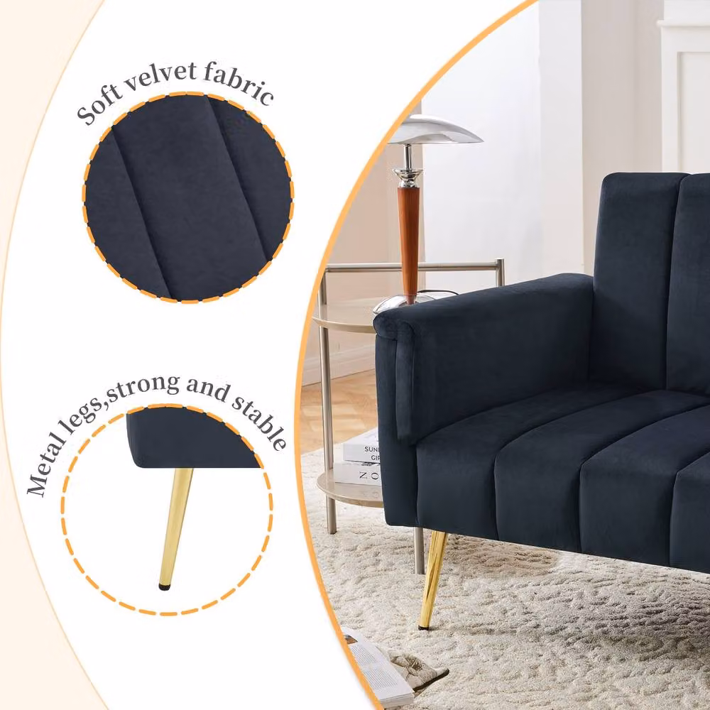 Rolipo Modern Black Velvet Click-Clack Sofa Bed with Adjustable Headrest and Foam Upholstery – 3