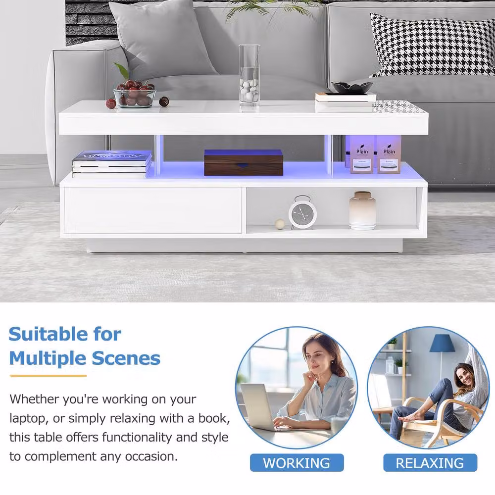 STILVORA Modern White Glossy Coffee Table with 2 Drawers, LED Lighting and Glass Top – 4