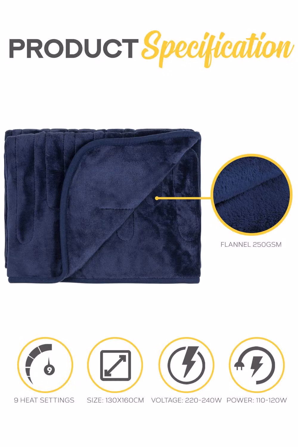 MONHOUSE Navy Blue Double Fleece Heated Electric Throw with 9 Heat Settings and 9H Timer, W/D/H: 150 x 180 cm – 7