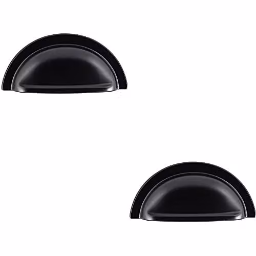 Loops 2 Pack Matt Black Shell Cabinet Cup Pull Handles, Fixing Centres: 76 mm, W: 91 mm, H: 45 mm