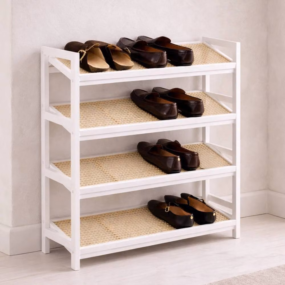 VOGREX White 4 Tier Bamboo and Rattan Shoe Rack Hallway Organiser – 2