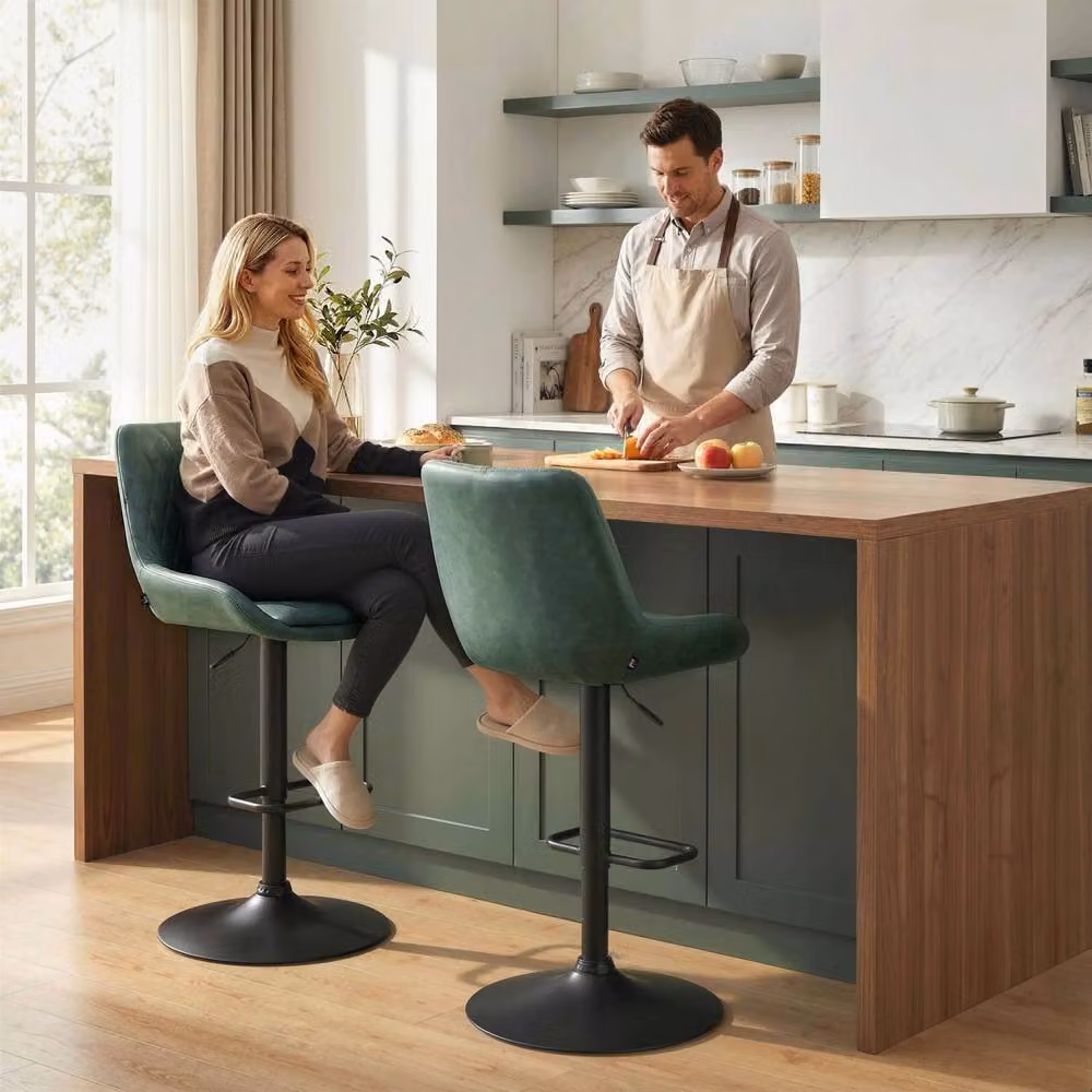 Wyld Haus Milosu Green Retro Bar Stools Set of 2 with Swivel Seats and Faux Leather Upholstery – 3