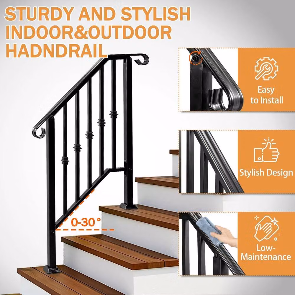 PAWNORA Matt Black Wrought Iron Round Picket Stair Rail Handrail – 3
