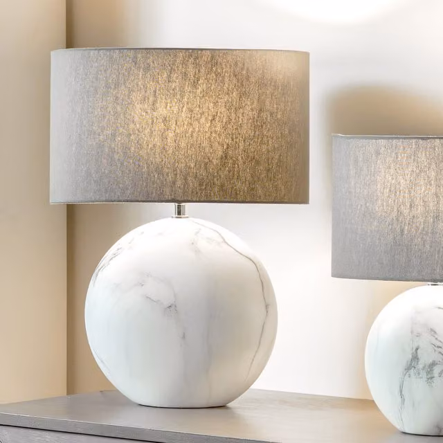 Pacific Lifestyle Marble Effect Ceramic Table Lamp with White Fabric Shade in Grey and White
