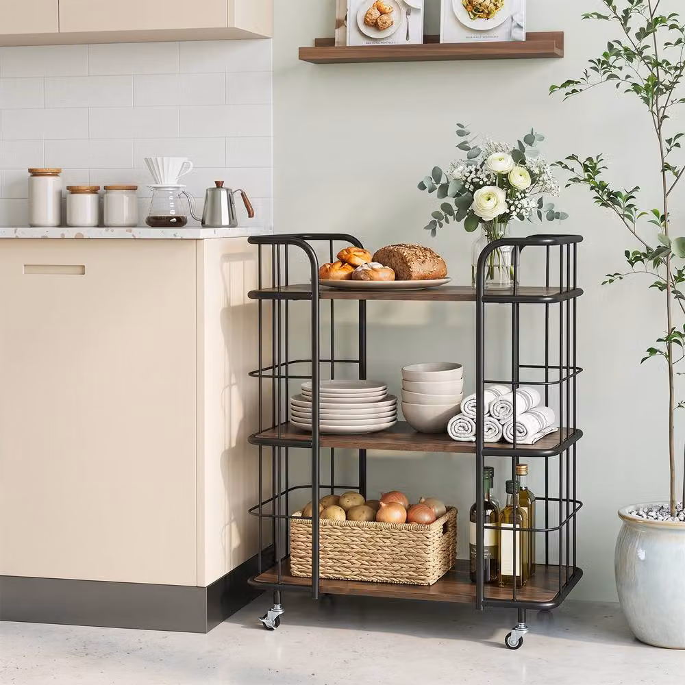 Costway 3 Tier Rolling Buffet Serving Bar Cart in Brown Industrial Metal – 3