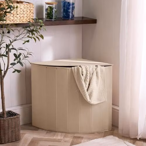 OHS Foldable Corner Laundry Hamper with Lid in Beige, W: 55 cm, D: 49 cm, H: 39 cm