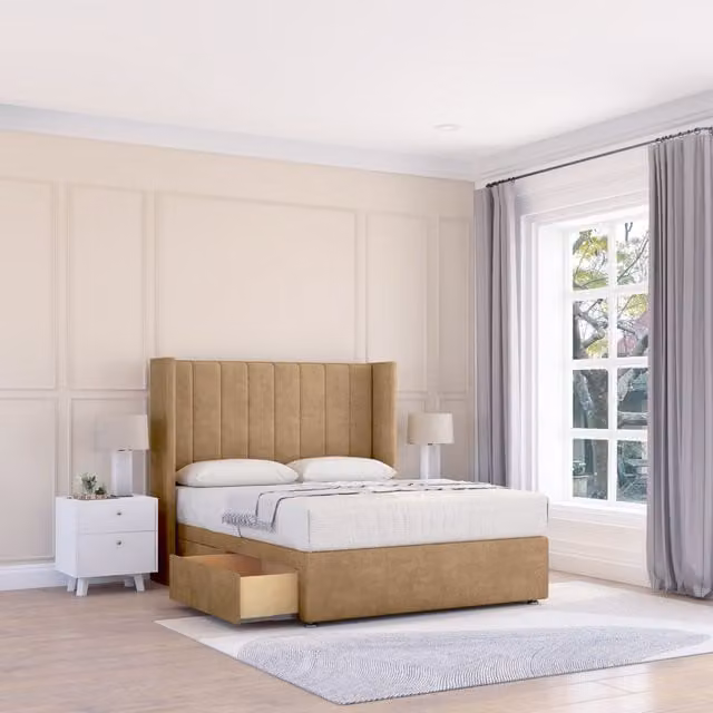 Sloomy Falcon Dumfries Wingback Bed Set with 2 Drawers and Floor Standing Headboard, Light Beige, W/D/H: 180 x 200 cm