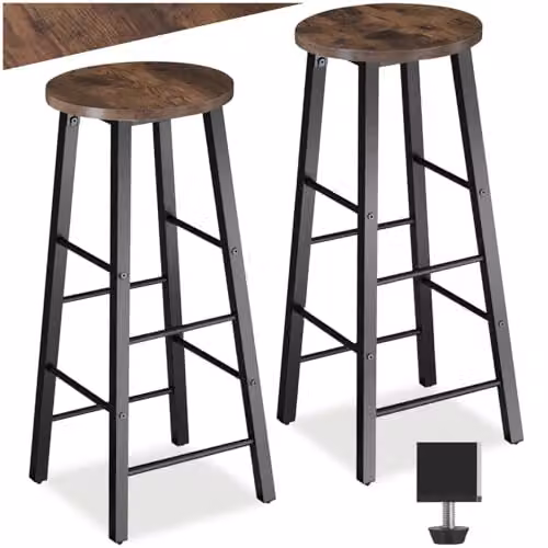 tectake Set of 2 Modern Minimalist Bar Stools with Industrial Steel Frames and Wood-Look Seats in Brown