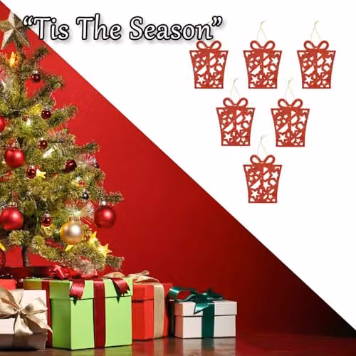 VFM e-Store Red Glitter Hanging Present Christmas Tree Ornaments, Pack of 6, W/D/H: 17.4 x 8 x 1.3 cm – 5