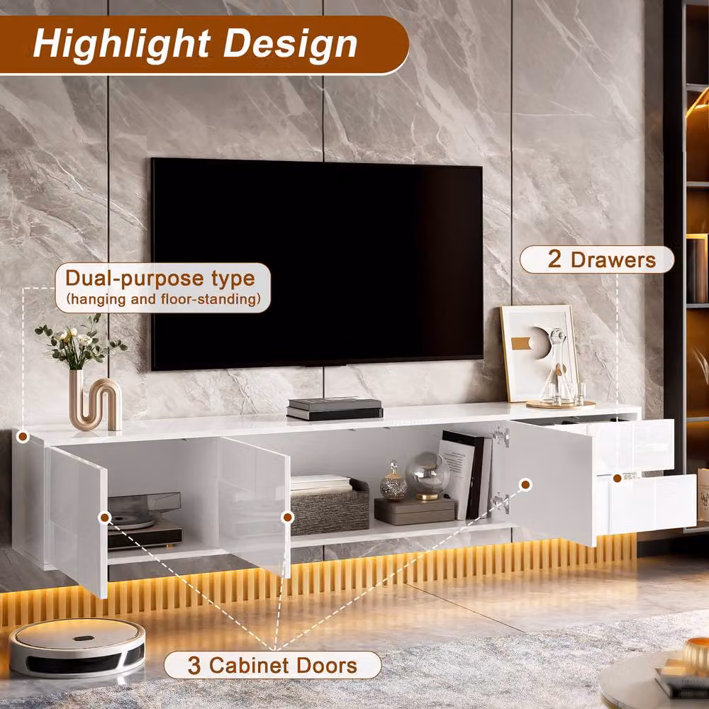 Rolipo Modern White Glossy TV Lowboard, Wall Mounted or Freestanding TV Stand, Width: 167 cm – 5
