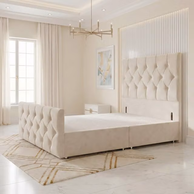 Somnior Beds Ltd Chesterfield Velvet Divan Bed Base with Drawers in Ivory, W/D/H: 140 x 200 x 34.5 cm