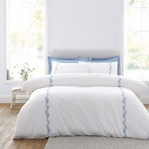 Bianca Camille Embroidered Floral 200 Thread Count Cotton Percale Single Duvet Cover Set with Pillowcase White/Blue W/D/H: 135 x 200 cm, Pillowcase: 50 x 75 cm