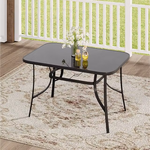 Komore Black Tempered Glass and Metal Patio Table with Parasol Hole