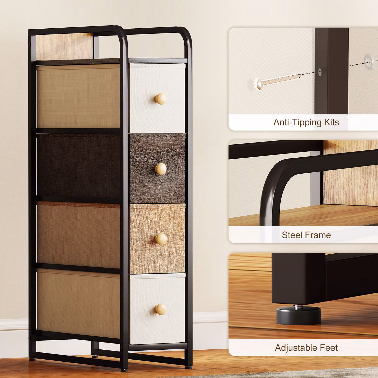 HOMCOM 4-Drawer Storage Organiser Unit with Steel Frame in Mixed-Brown and Multicolour – 6