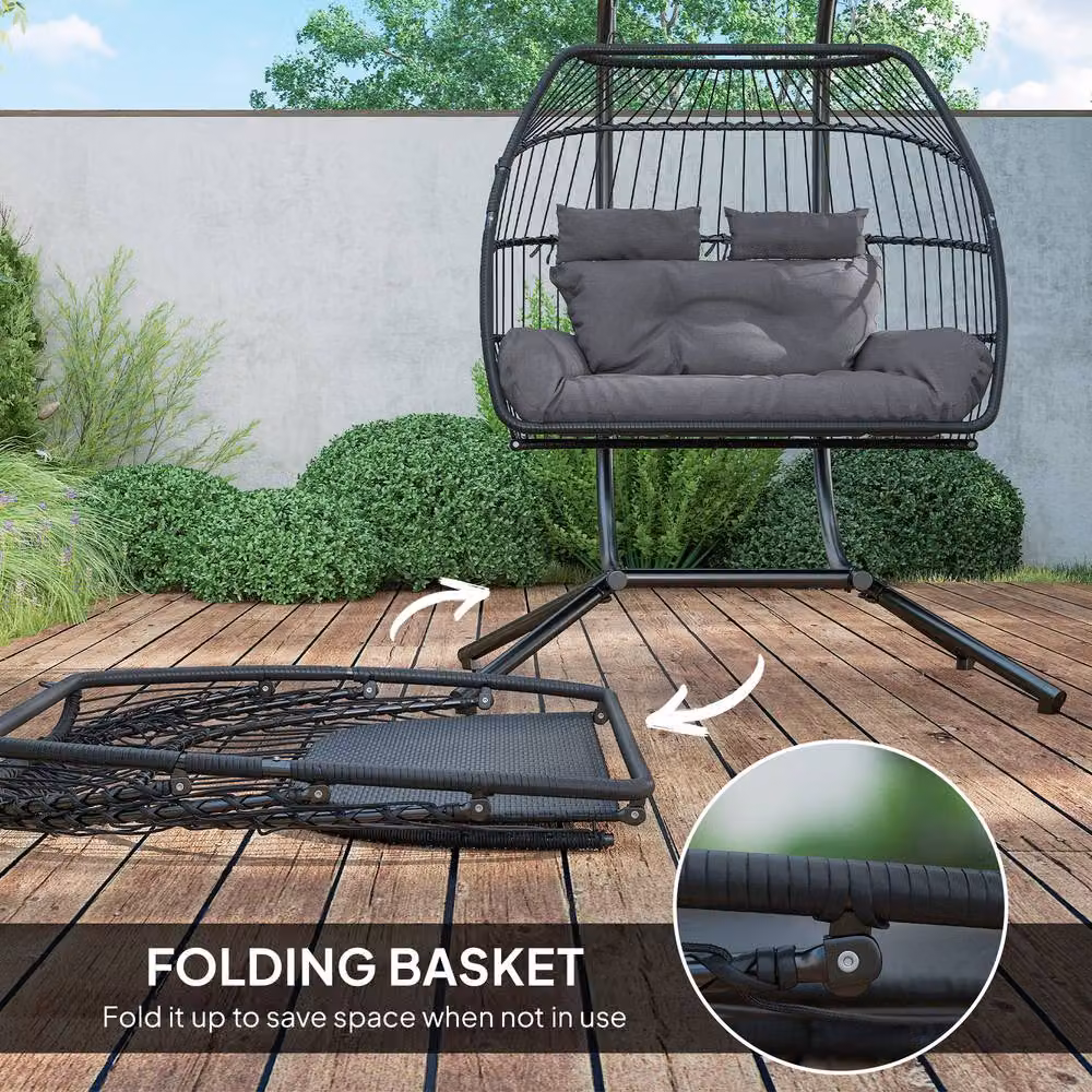 ERGOVEXA Rattan Double Hanging Egg Chair with Stand in Dark Grey – 8