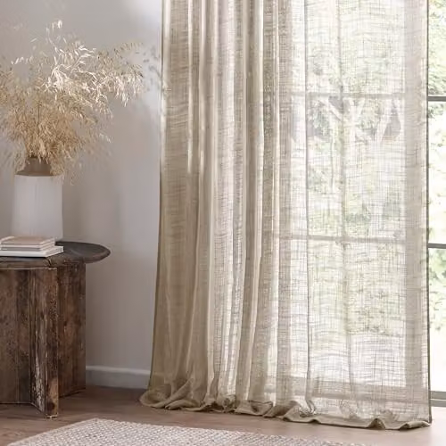 Riva Home Beige Linen Woven Sheer Fabric Curtain Panel, W: 290 cm, H: 250 cm – 3