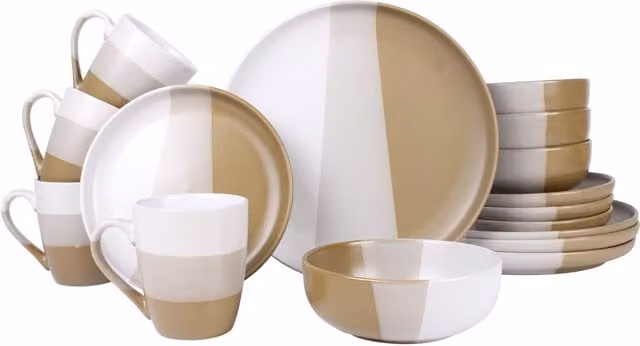 Royalford 16 Piece Stoneware Dinnerware Set in Beige, White and Brown, Microwave and Dishwasher Safe – 1