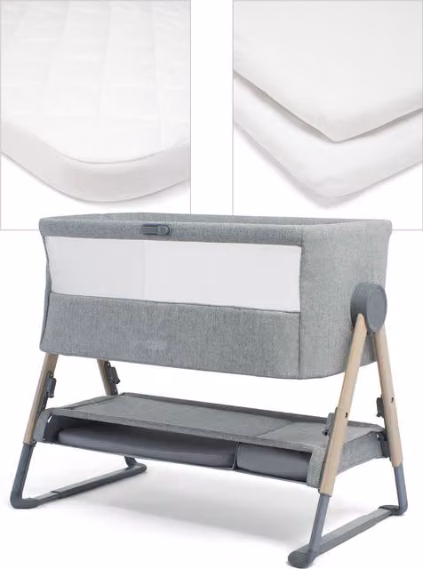Mamas & Papas Lua Bedside Crib with Sheet and Mattress Protector Bundle in Grey and White