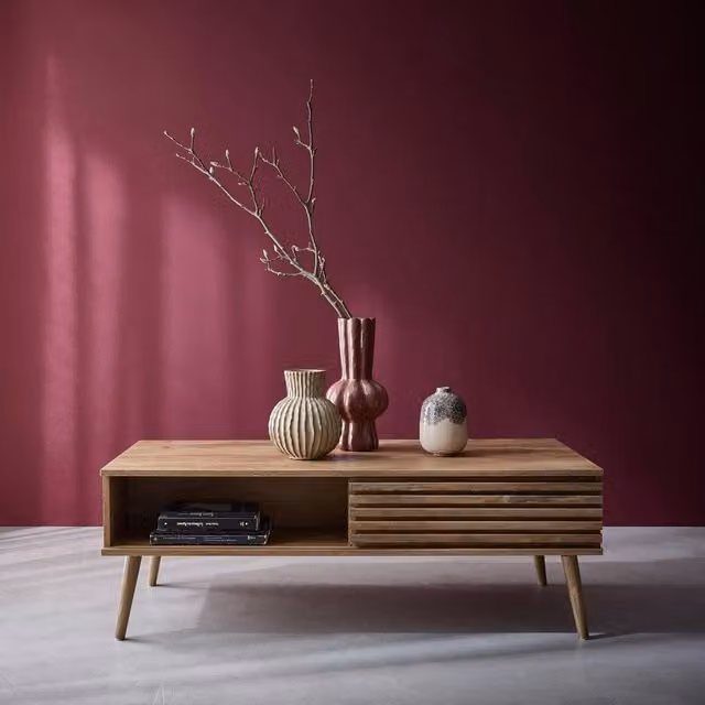 sweeek Scandinavian Style Rectangular Coffee Table with Wooden Grooved Effect in Brown, W/D/H: 119 x 59 x 41.5 cm