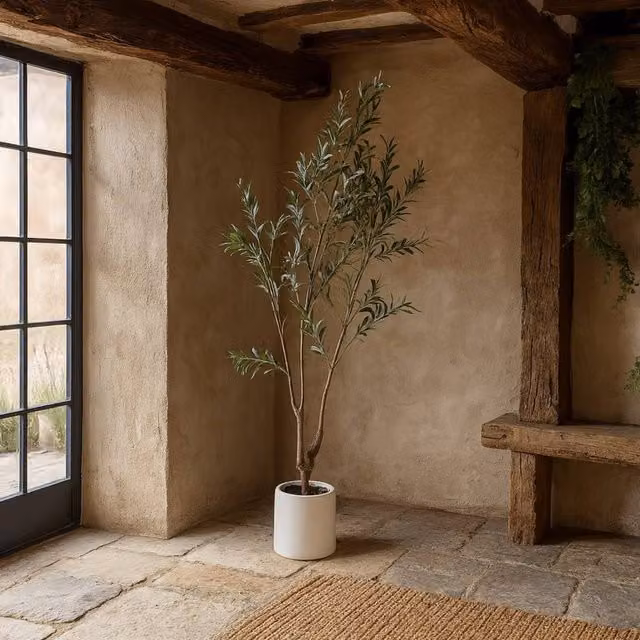Wyld Haus 210cm Extra Tall Artificial Mediterranean Olive Tree in a White Ceramic Pot, Brown
