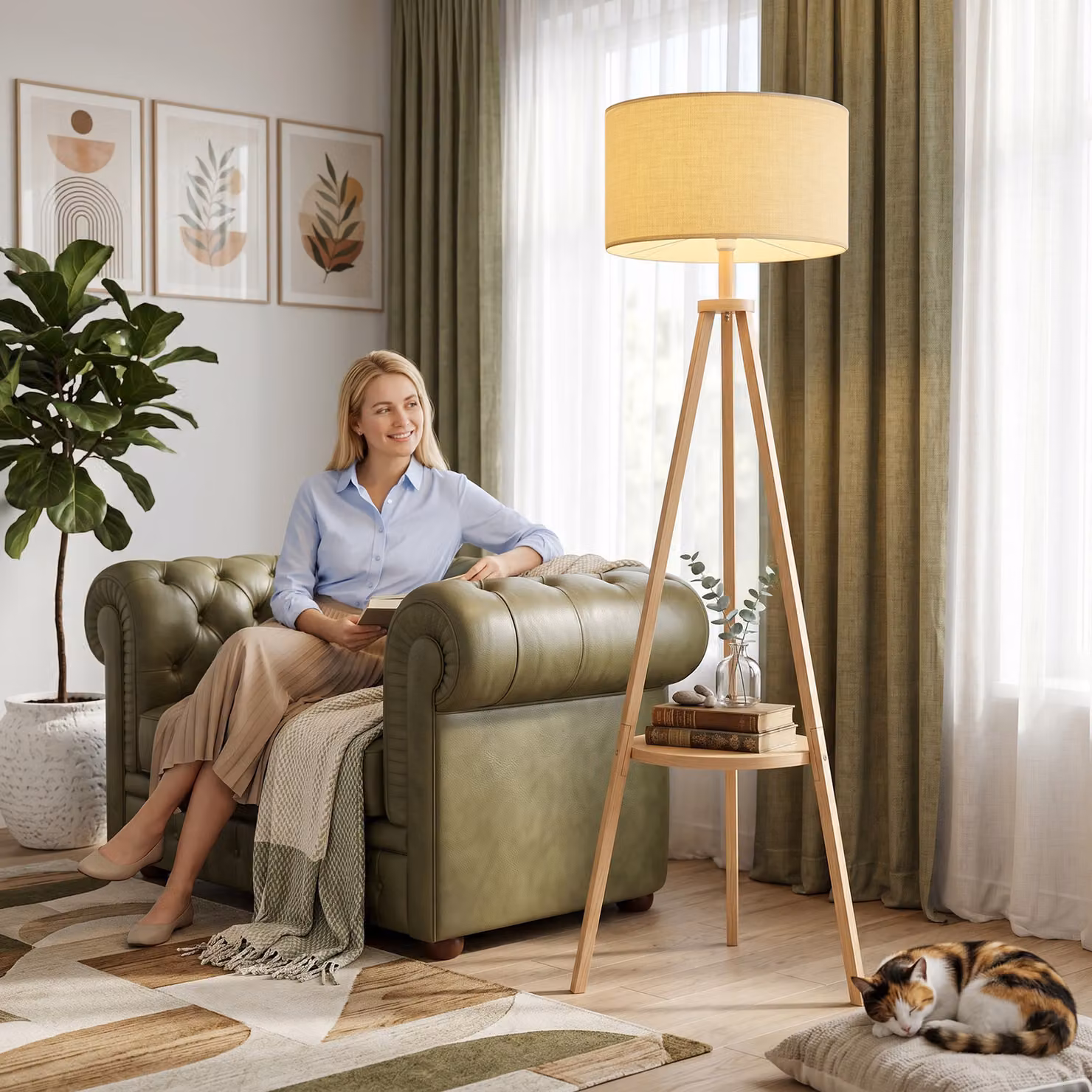 HOMCOM Tripod Floor Lamp with Storage Shelf and Beige Linen Shade, Natural Wood Colour, Height: 160 cm – 2