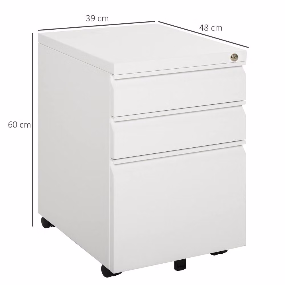 STILVORA 3-Drawer Metal Filing Cabinet with Lock and Castors, White, W/D/H: 60 x 39 x 48 cm – 3
