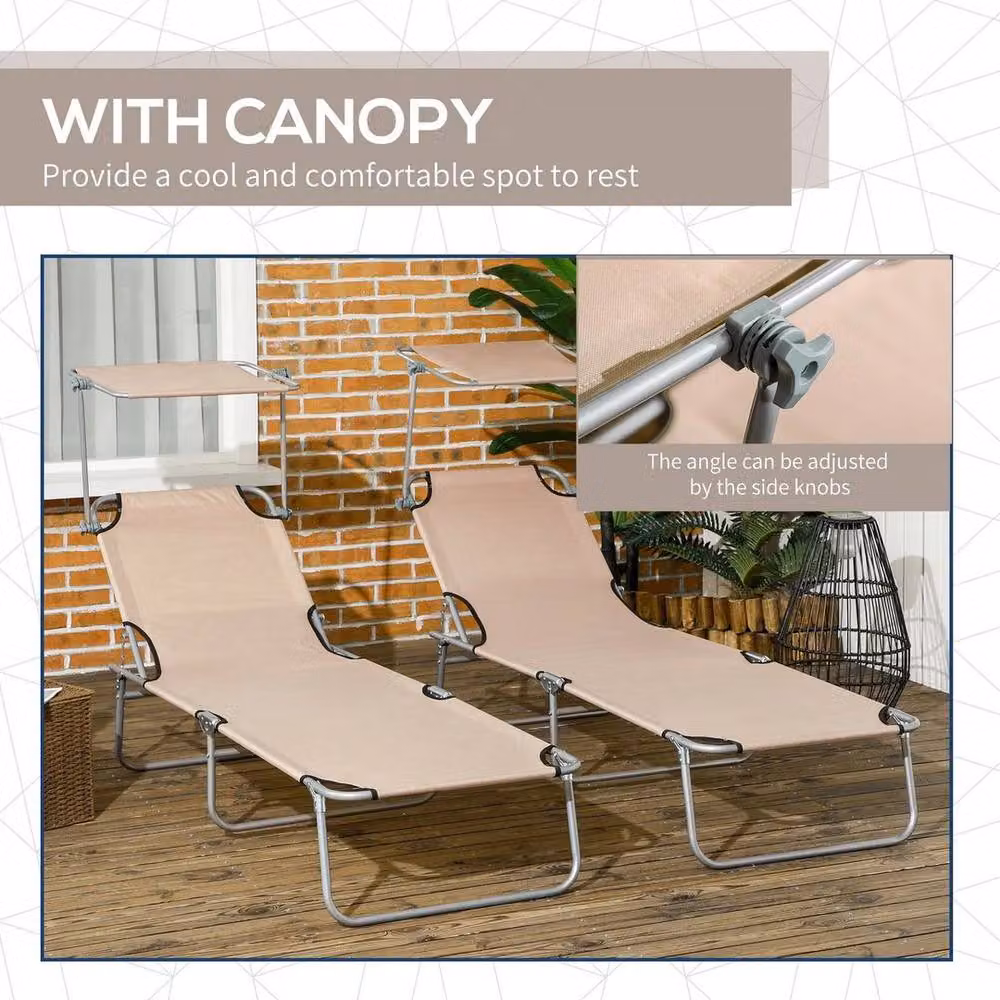 Kelvenix Set of 2 Folding Sun Loungers with Sun Canopy and Adjustable Headrest in Beige Sand – 2