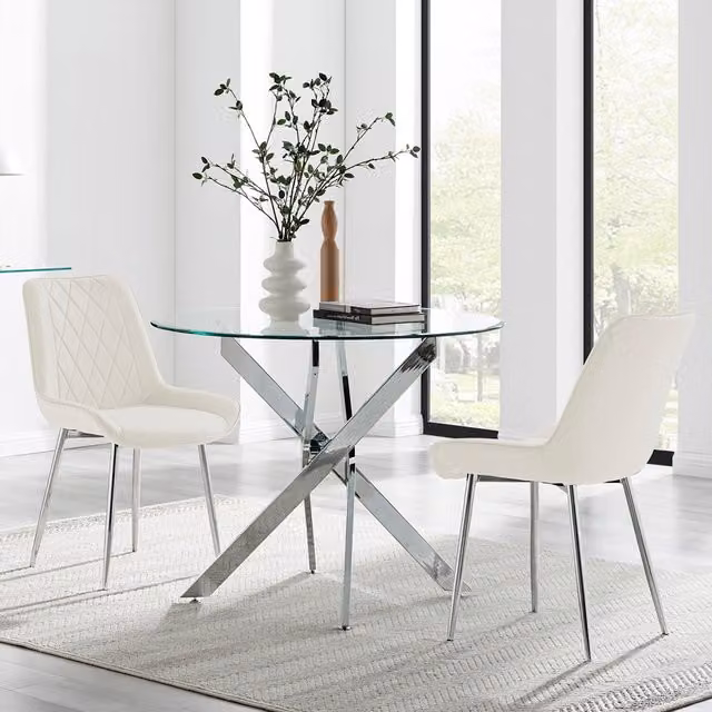 FurnitureboxUK Novara Round Glass Kitchen Dining Table and 2 Pesaro Silver Leg Chairs, Cream and Beige