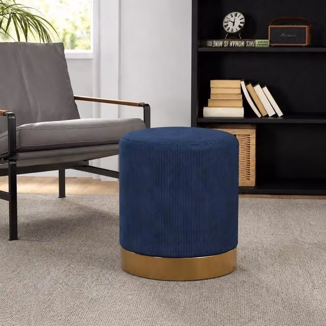 STILVORA Blue Corduroy Upholstered Cylindrical Footstool
