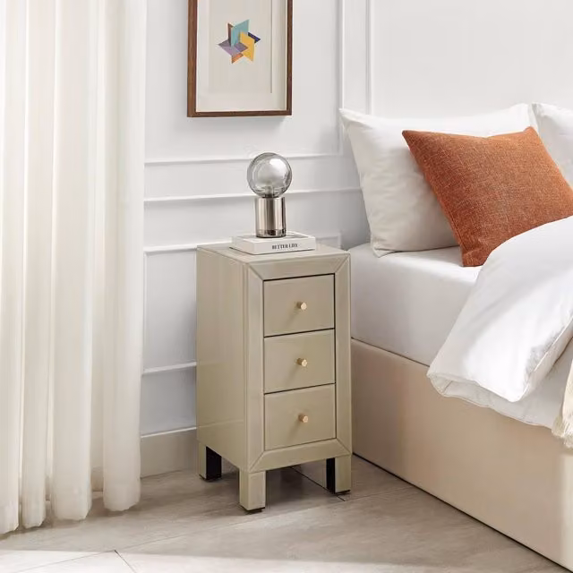 FurnitureboxUK Lexi Small Slimline Taupe 3 Drawer Mirrored Bedside Table in Beige