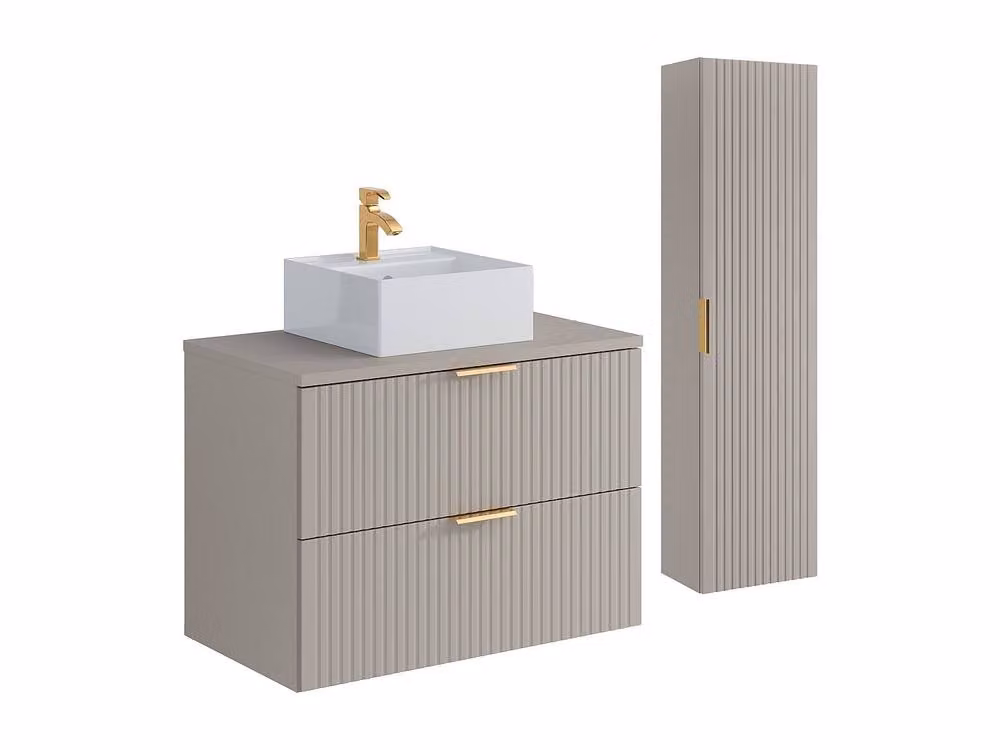 Vente-unique Suspended Ribbed Bathroom Vanity Unit with Square Ceramic Countertop Basin in Beige – 2