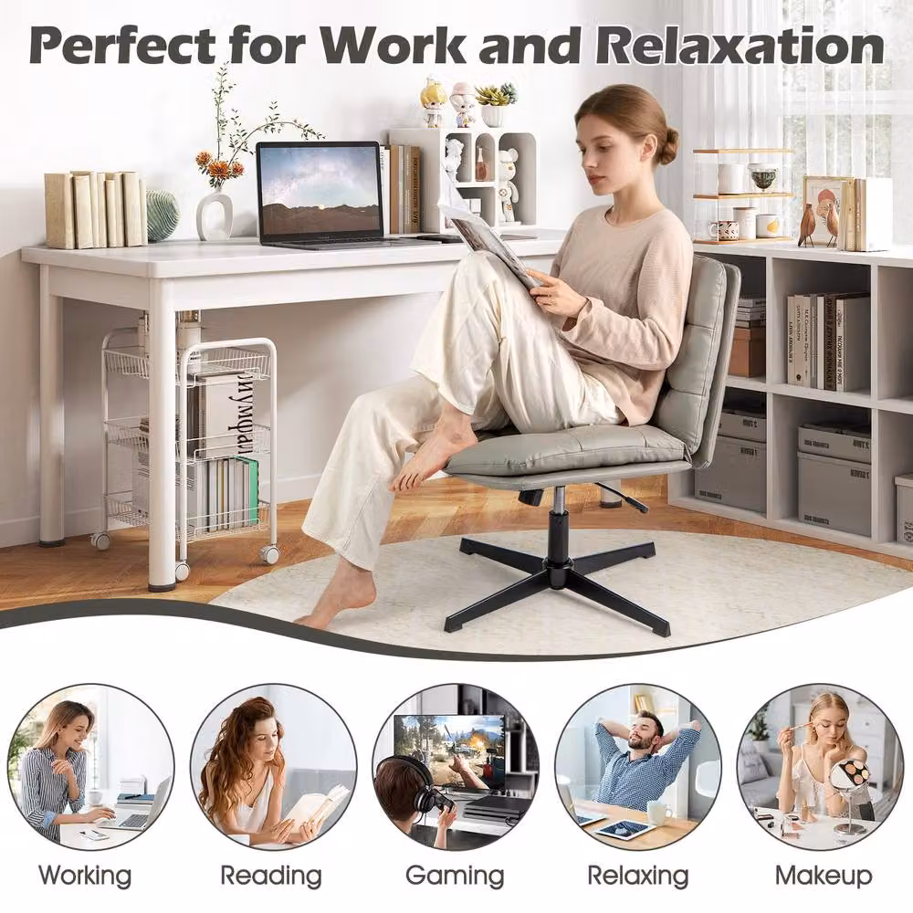 Gymax Height Adjustable Mid-Back Cross Legged Makeup Vanity Chair in Grey PU Leather – 7