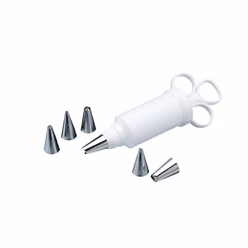 KitchenCraft Sweetly Does It Biscuit and Cake Decorating Icing Syringe with 6 Piece Piping Nozzle Set in White – 1