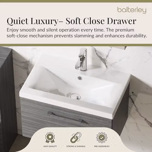 Balterley Wall Hung Single Drawer Vanity Unit with Thin Edge Basin in Woodgrain Anthracite, W: 61.0 cm, D: 39.0 cm, H: 39.9 cm – 3