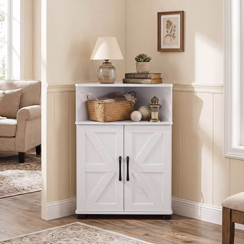 Costway White Farmhouse Corner Bathroom Storage Cabinet with Hinged Doors and Internal Shelves – 2