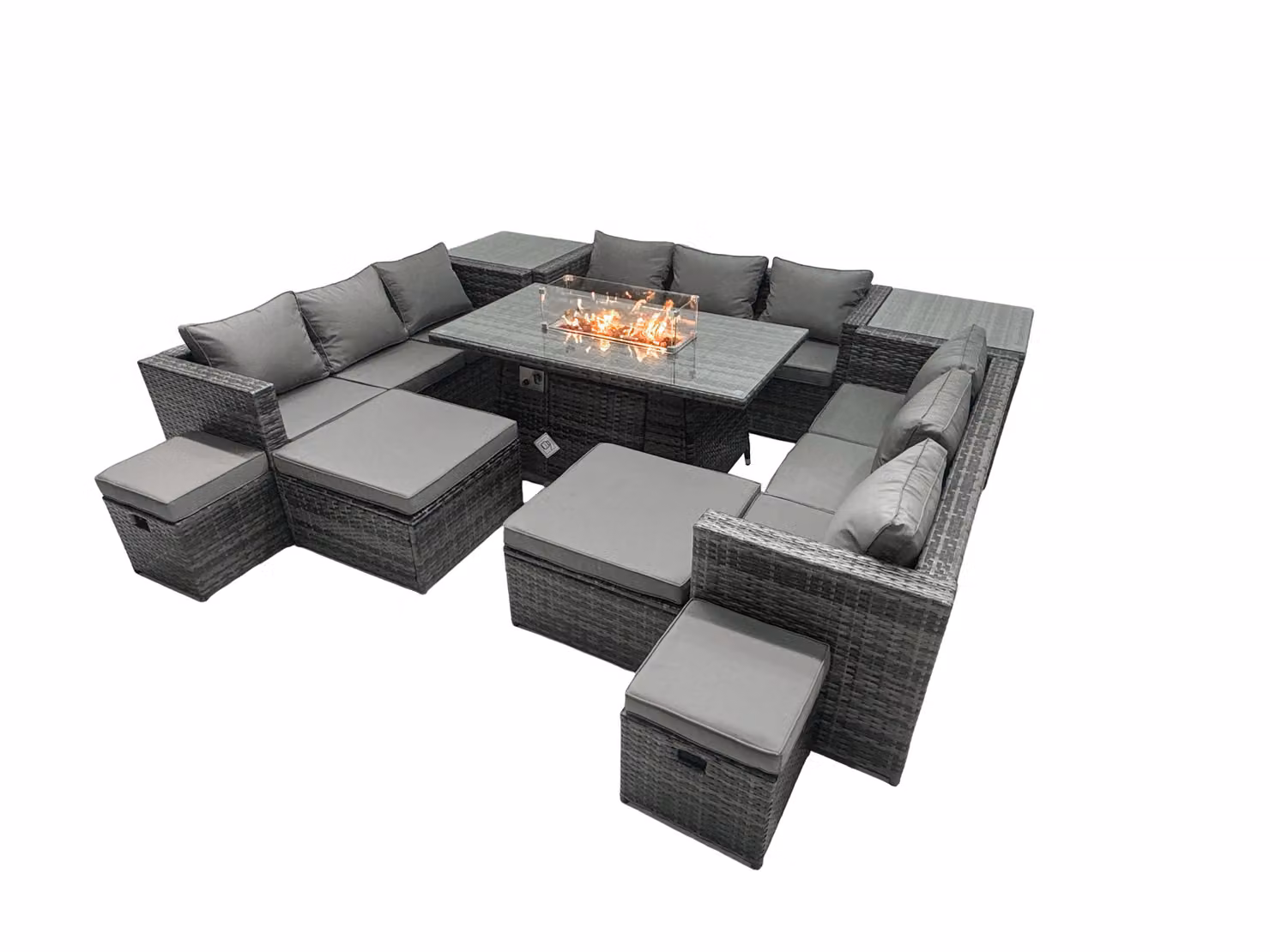 Fimous 13 Seater Rattan Garden Furniture Firepit Dining Set with Lounge Sofa, Table, 4 Footstools and 2 Side Tables in Dark Grey – 2