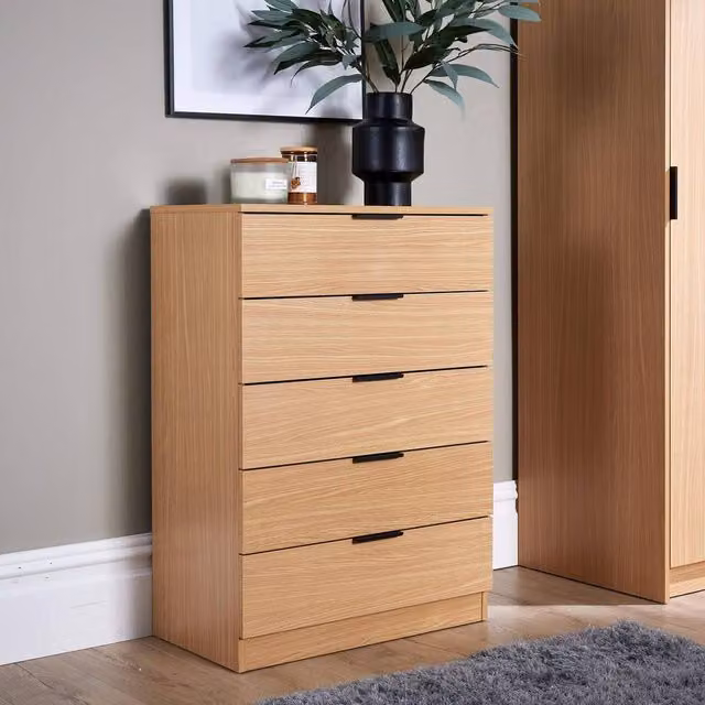 Home Source Phoenix 5 Drawer Chest of Drawers in Light Oak
