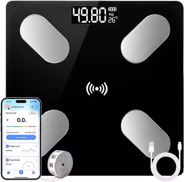 PAWNORA Smart BMI Digital Wireless Weight Scales in Black with Bluetooth App Control and Body Composition Tracking