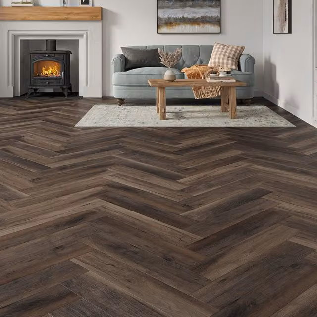 Underfoot Aged Oak Herringbone Luxury Vinyl Click Fit Flooring, Wood Effect, Brown, 2.04m² Pack